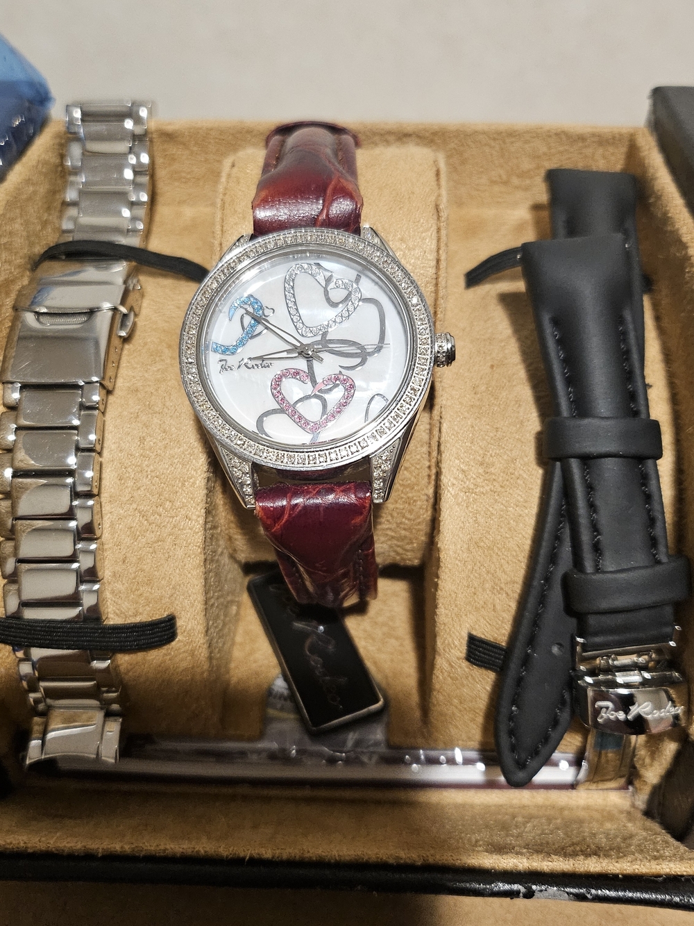 Joe RODEO DIAMOND Heart Motif Women's Watch - Burgundy Leather Strap